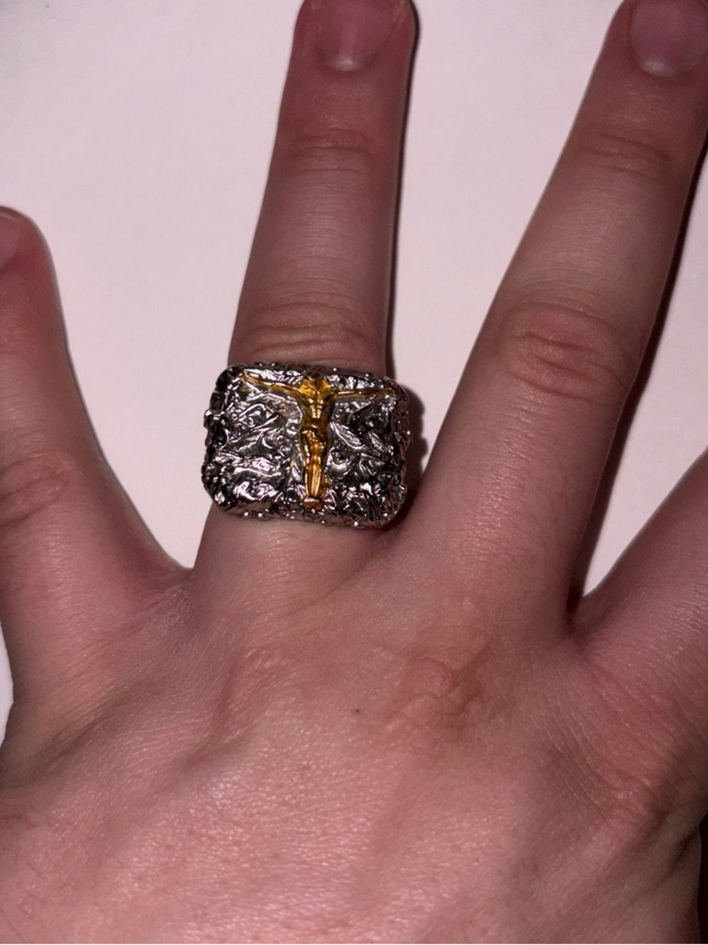 Bold Two-Tone Crucifix Statement Ring - Silver and Gold